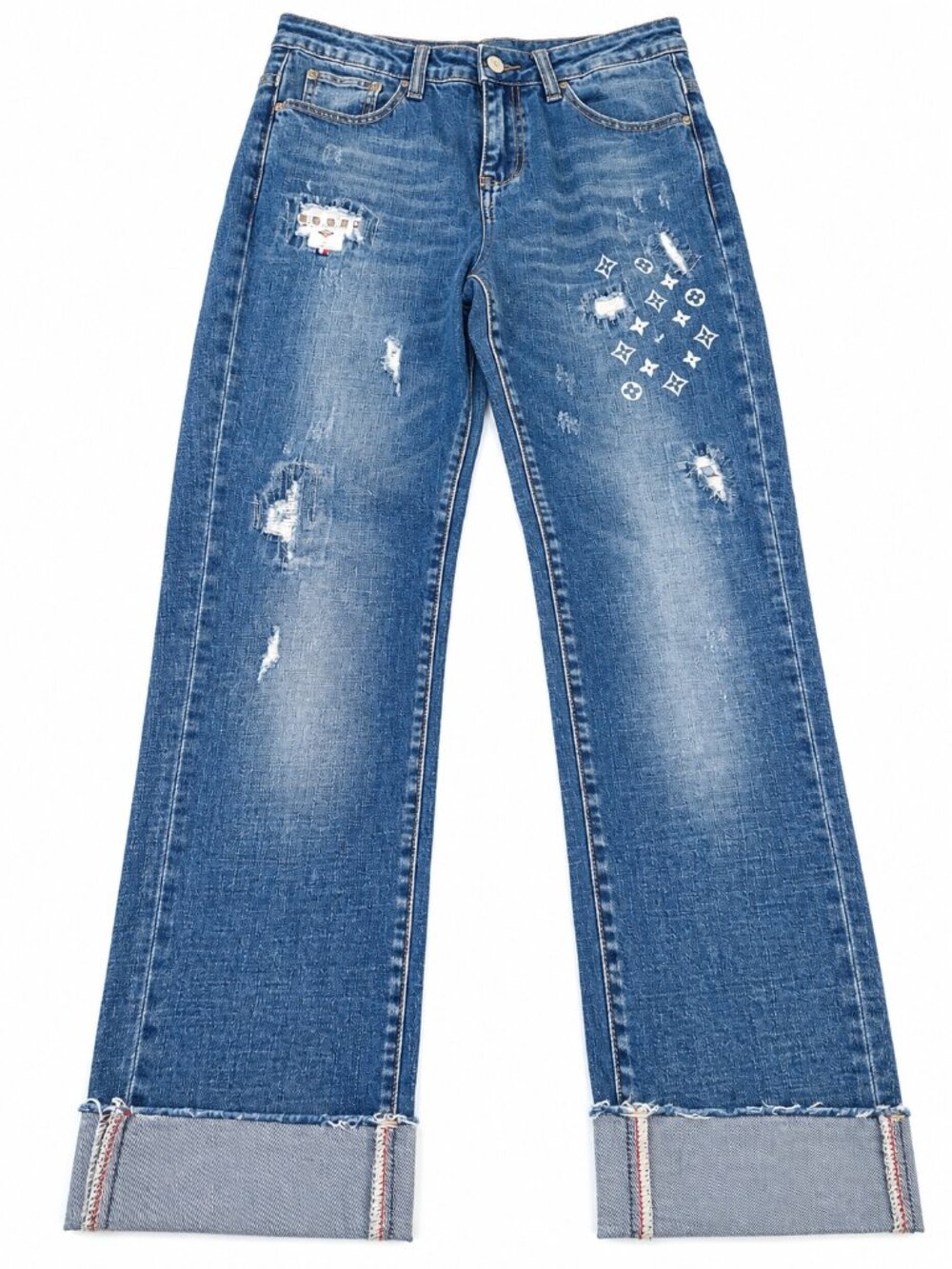 Women's CKLY Jeans | Distressed Wide-Leg Cuffed Jeans Faded Blue Jeans | Size 29